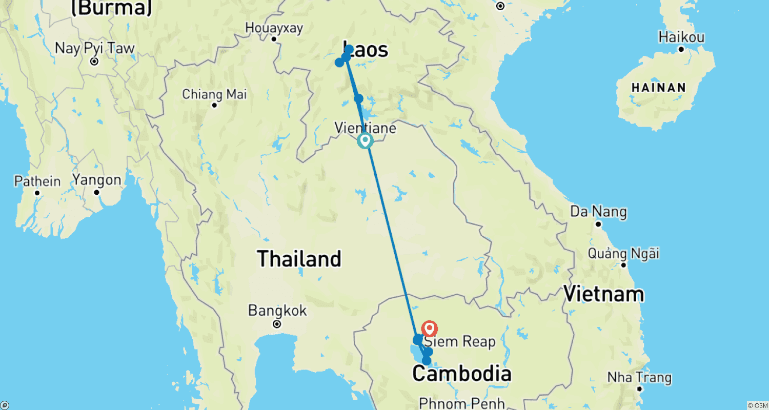 Hiking & Culture in Laos & Cambodia - 11 daysのルートマップ