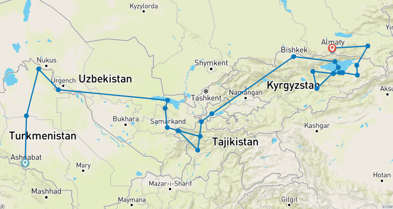 Mapa trasy: Odyseja Jedwabnym Szlakiem: Przygoda „Pięć Stansów” i World Nomad Games 2026 (70 destynacji)