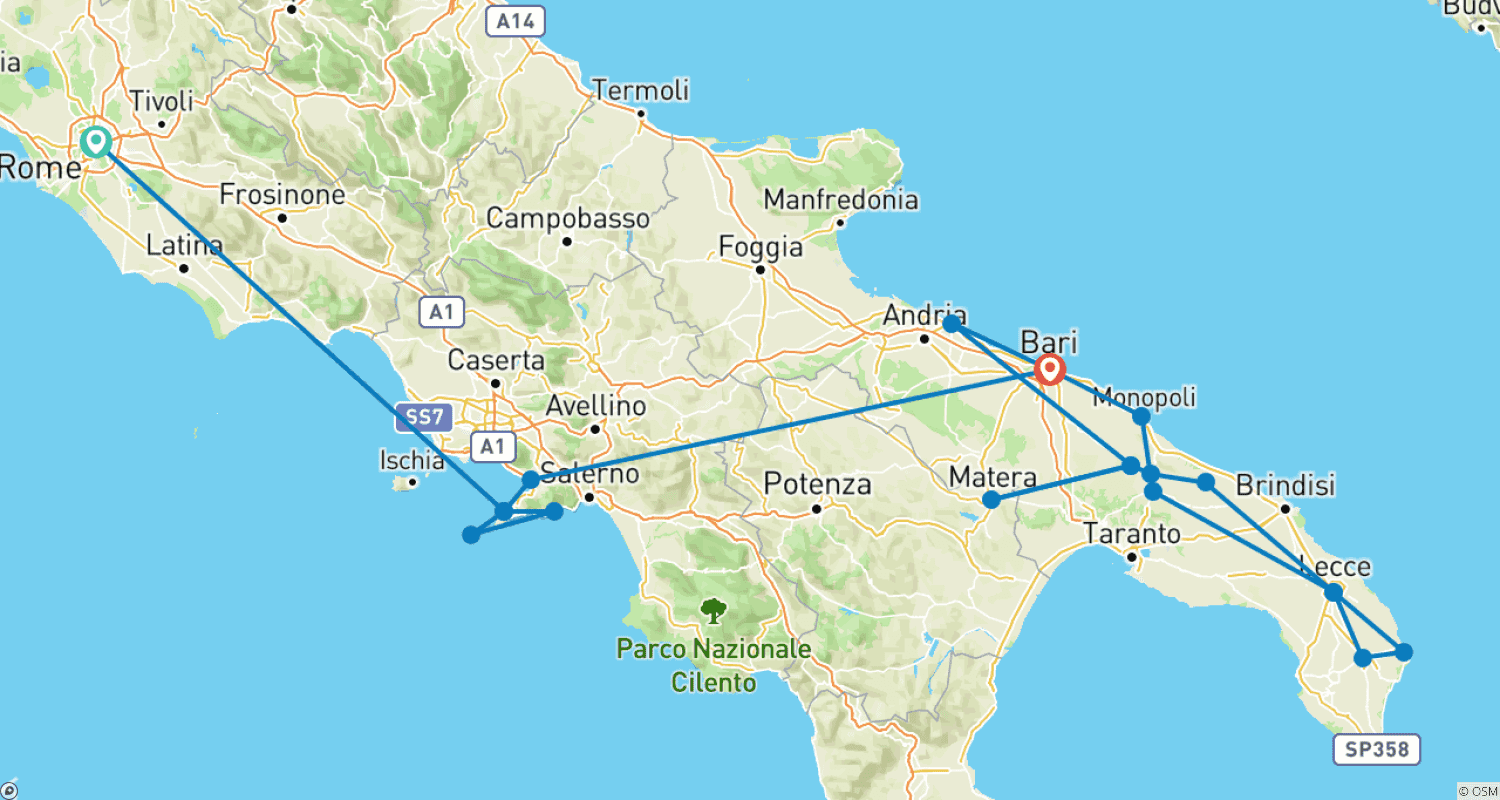 خريطة مسار Timeless Southern Italy: Rome, Sorrento & Puglia