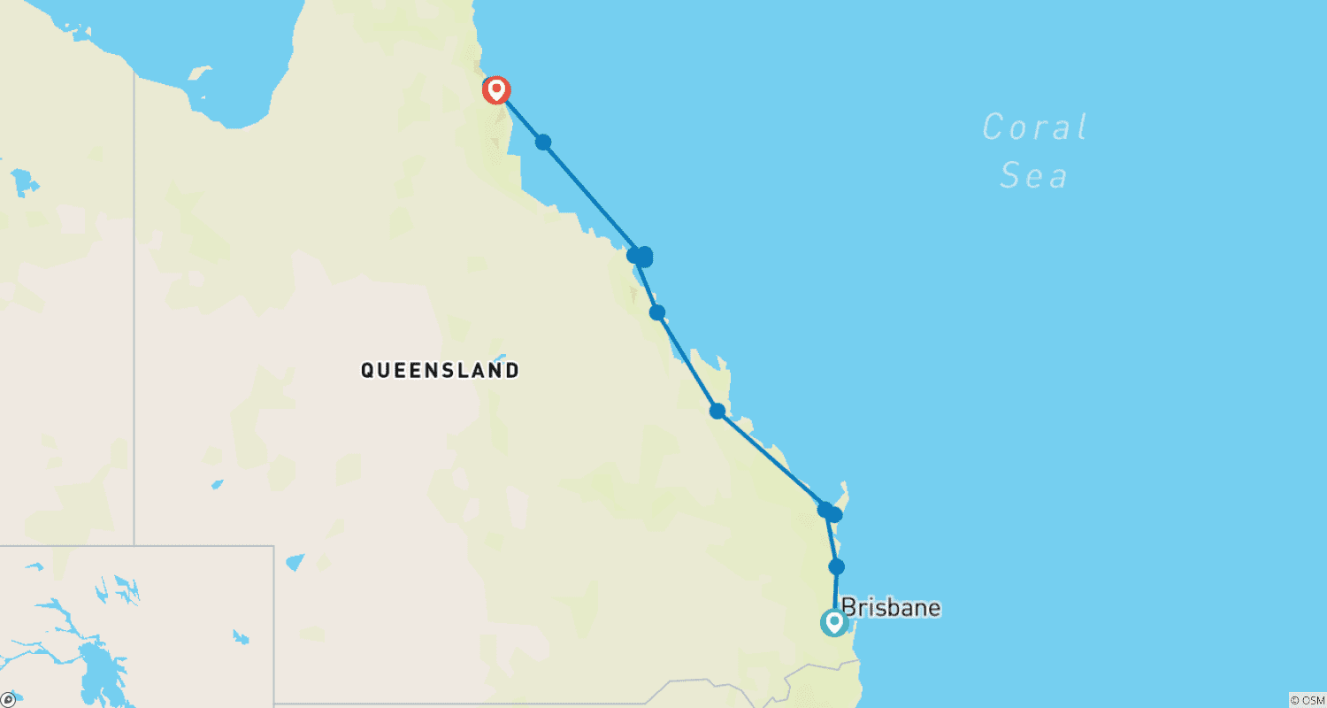 Tropical Queensland: Brisbane to Cairns (Small Groups)のルートマップ