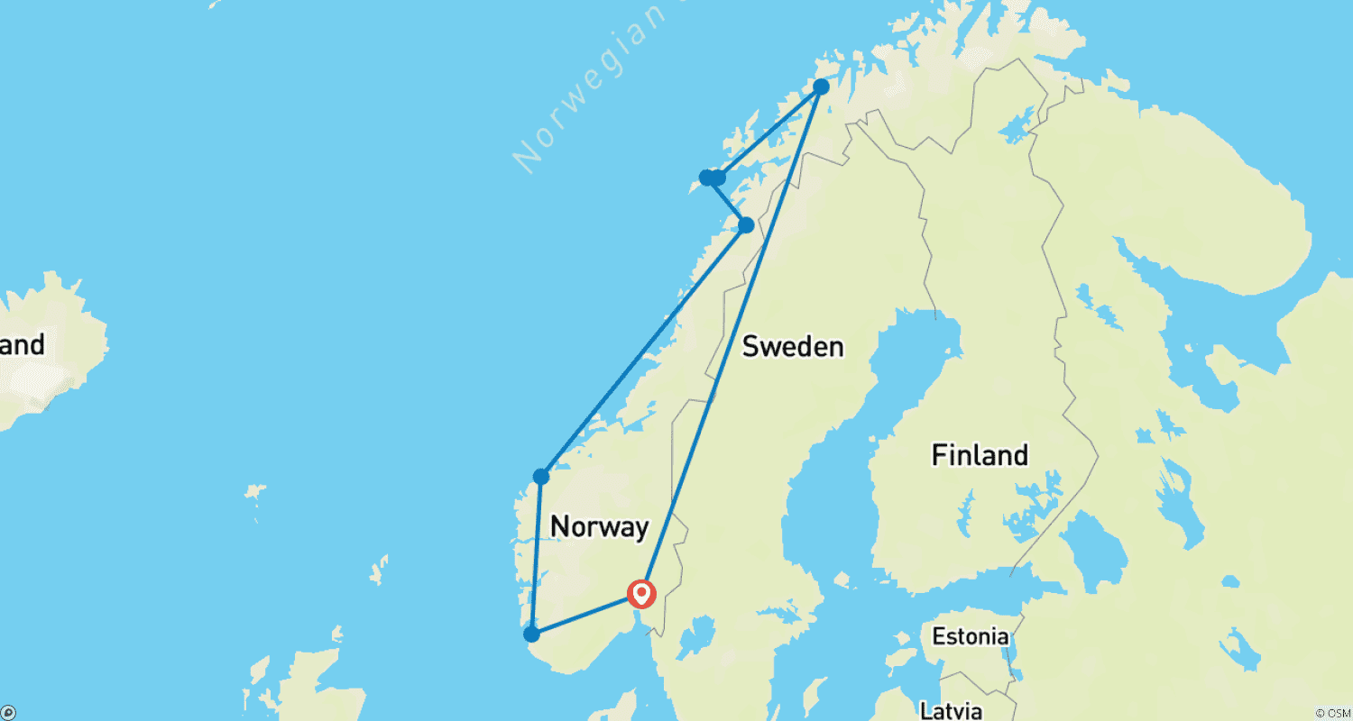 Mapa do percurso de A Aurora Boreal da Noruega pelo Mar