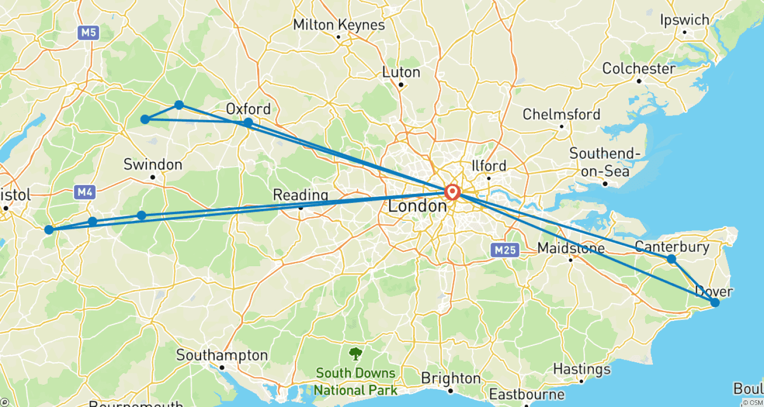 Mapa trasy: Oxford, Cotswolds, Bath, Avebury, Białe Klify Dover i Kent - 5 dni (mała grupa)