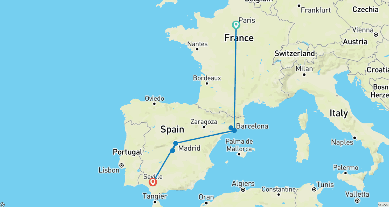 Mapa do percurso de Exploring Paris and Spain in 12 Days