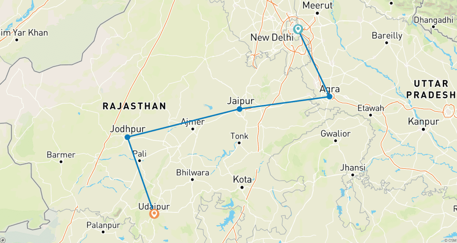Mapa do percurso de De Delhi: Excursão de 7 Dias Triângulo Dourado Jodhpur Udaipur