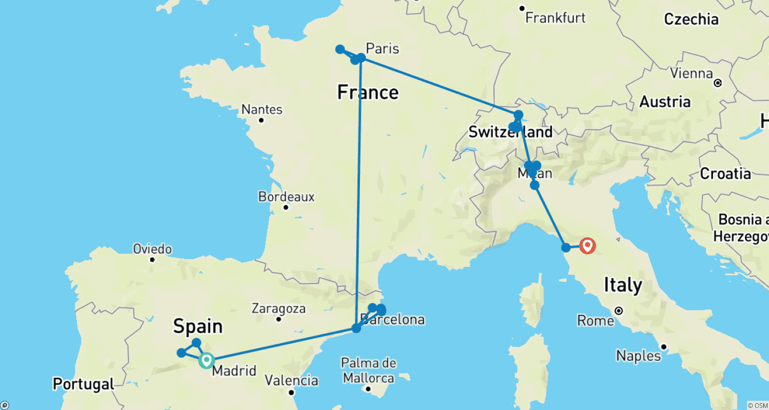 グランド16日間 鉄道の旅：スペイン、フランス、スイス＆イタリア（コモ湖クルーズ付き）のルートマップ
