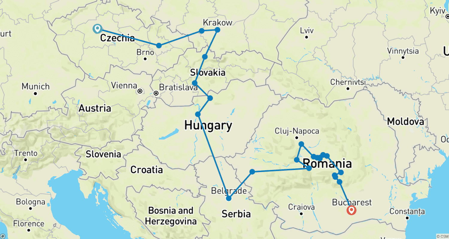 Mapa trasy: Premium Prague to Bucharest (24 destinations)