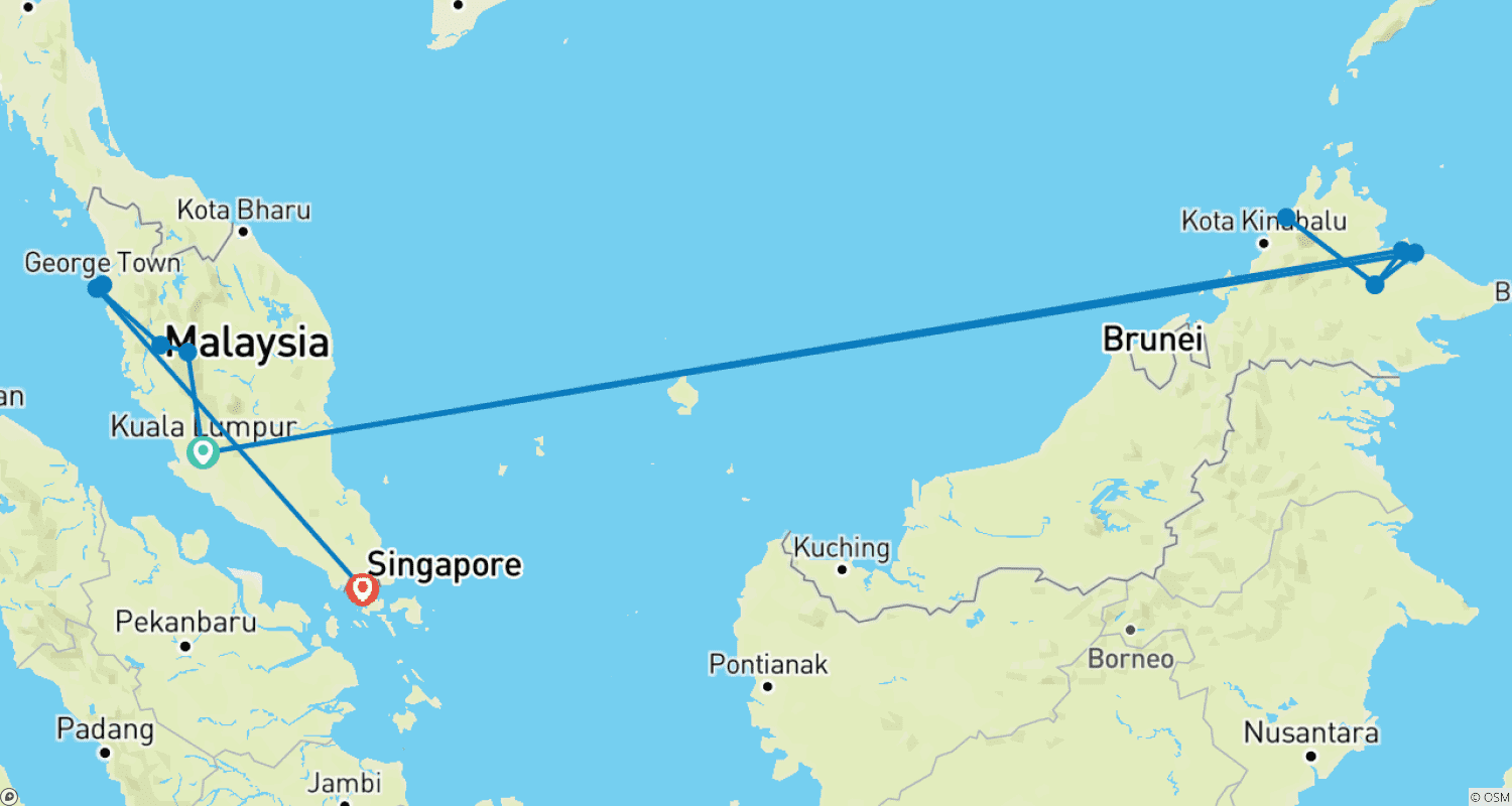 12-Day Malaysia, Borneo & Singapore Family Tourのルートマップ