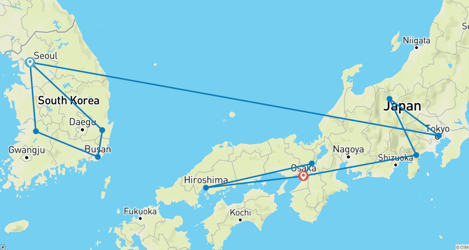 Mapa do percurso de South Korea + Japan Adventure 26 Day