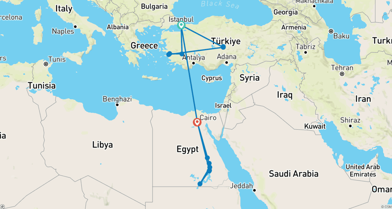 Mapa do percurso de Excursão Privada e Premium de 14 Dias por 2 Países: TURQUIA e EGITO | De Minaretes a Pirâmides | Viagem VIP de Carro e Cruzeiro no Nilo | por ANGELS VACATIONS - (Voo Turquia-Egito Incluído)