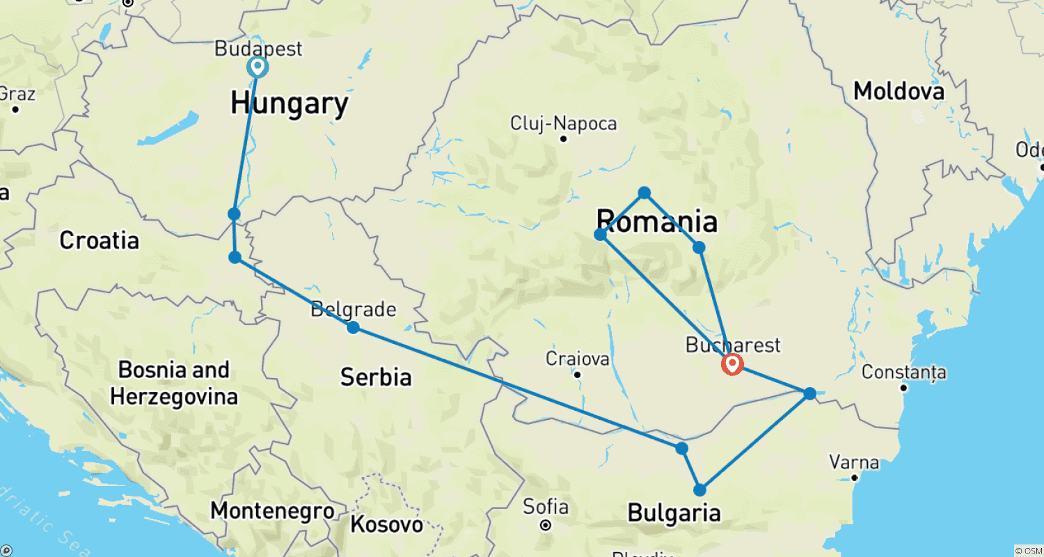 Mapa do percurso de Eastern Europe & Balkans Unveiled with Transylvania 2027 - 13 Days (12 destinations)