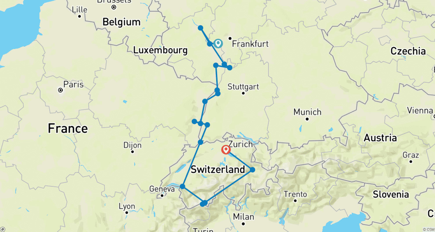 Mapa do percurso de O Majestoso Reno & Glacier Express 2027 - 11 Dias (de Mainz a Zurique)