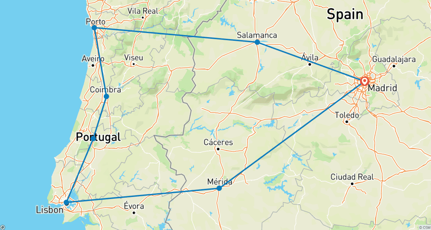 Mapa do percurso de 5-Day Porto, Lisbon & Fatima from Madrid