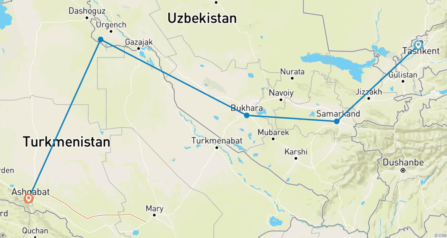 Mapa do percurso de Journeys: Stories of Uzbekistan & Turkmenistan National Geographic