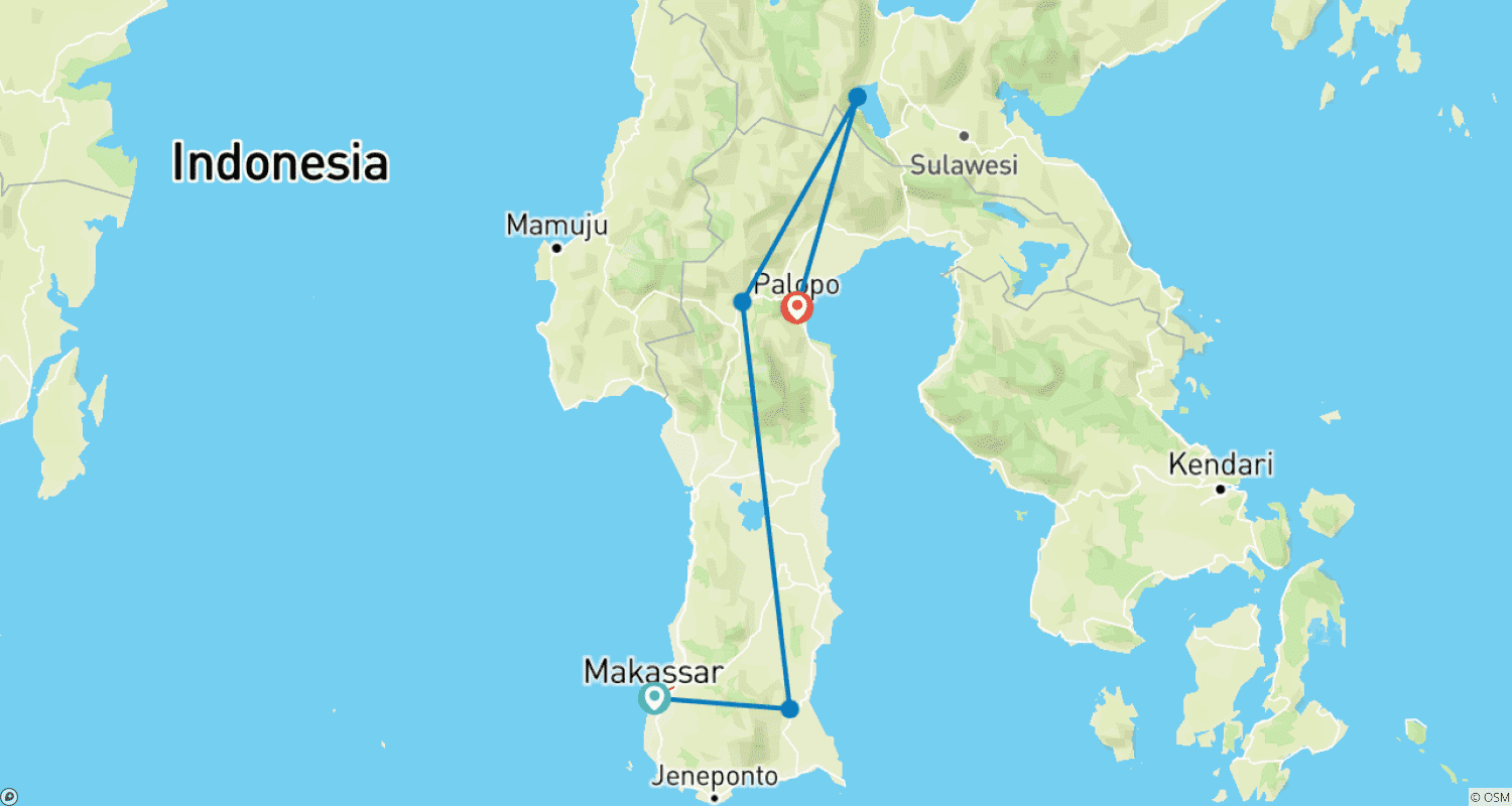 Mapa do percurso de Descoberta do Sul de Sulawesi - 6 dias