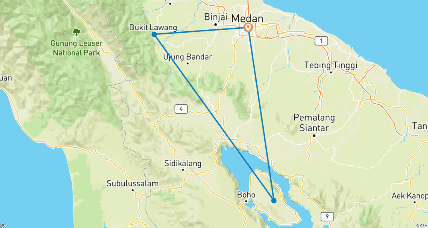 Mapa do percurso de Sumatra Selvagem - 6 dias