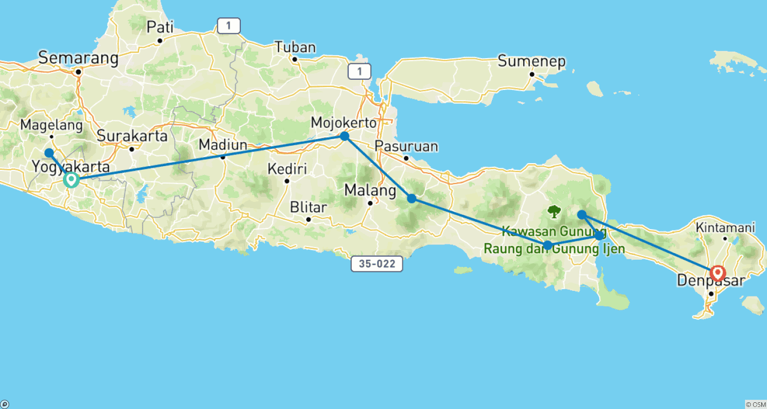 Mapa do percurso de Viagem por Java a Bali - 9 dias