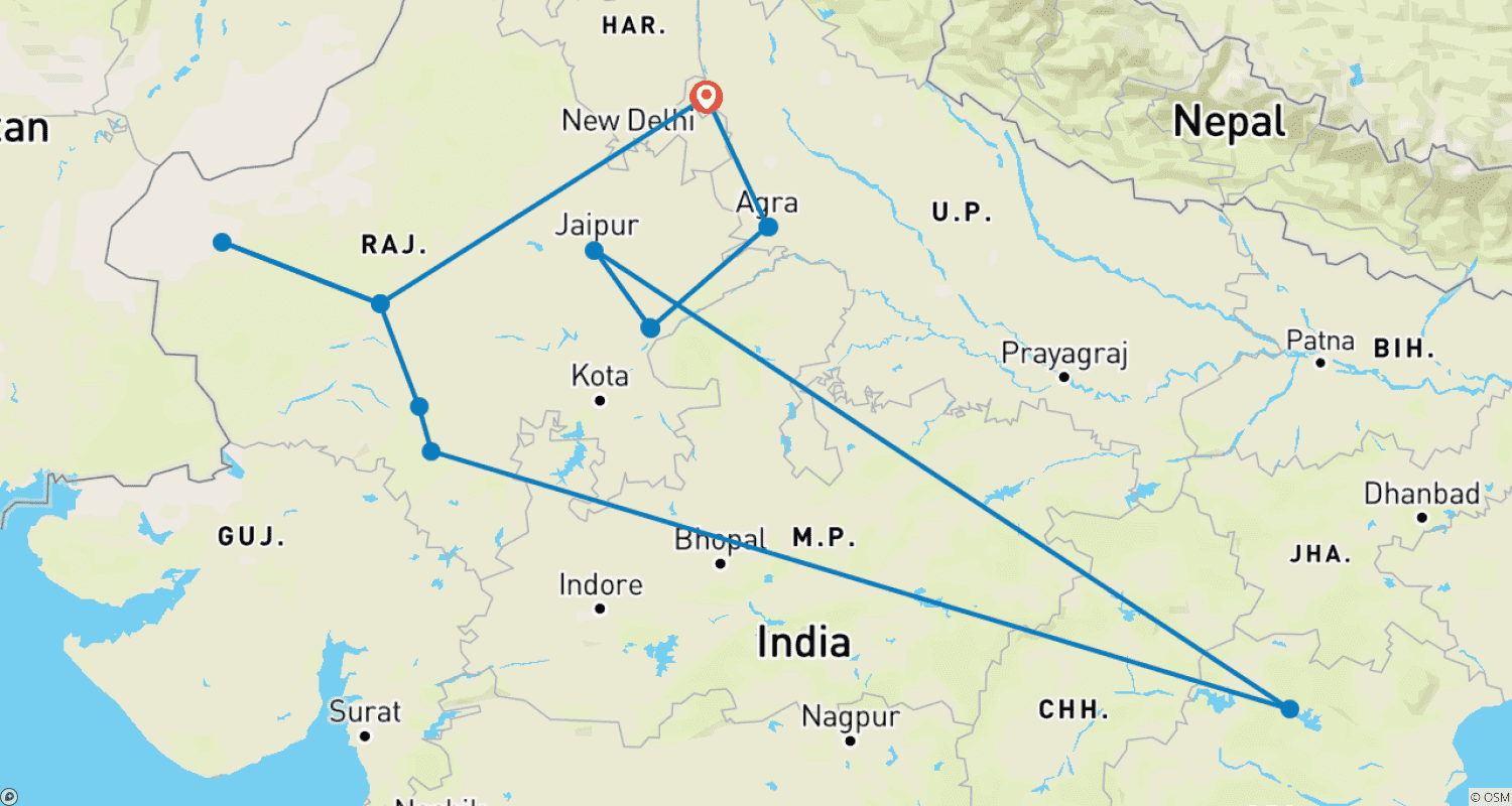 خريطة مسار Delhi to Rajasthan & Tigers - 14 days