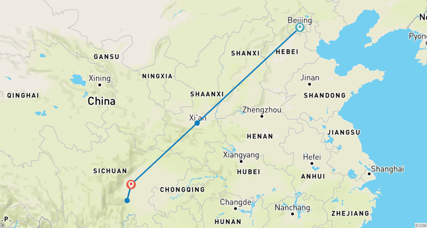 Mapa trasy: Starożytne Stolice i Przygody z Pandami: 9-dniowa wycieczka po Pekinie, Xi'an i Chengdu