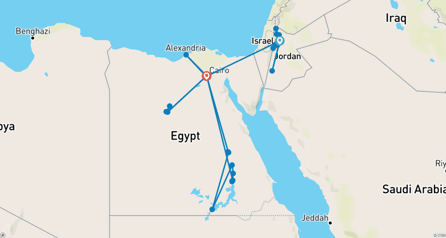 Mapa do percurso de Aventura de Petra às Pirâmides com Deserto do Saara e Navegação no Nilo
