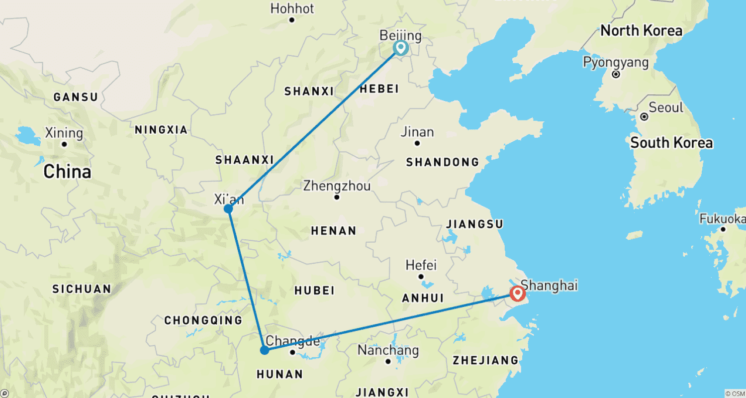 Mapa trasy: Całkowite Chiny i Zhangjiajie — 11 dni