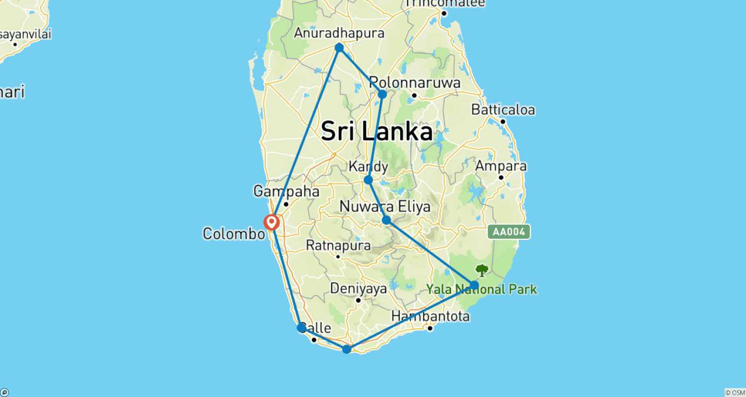 Mapa trasy: Najważniejsze atrakcje Sri Lanki - 15 dni