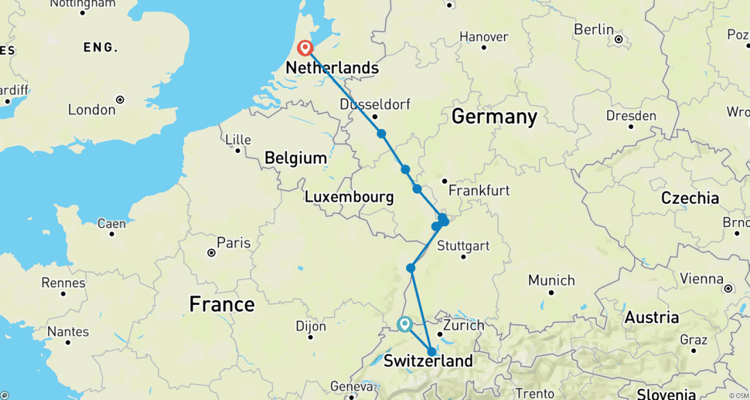 Mapa do percurso de Swiss Alps & Rhine Castles 2027