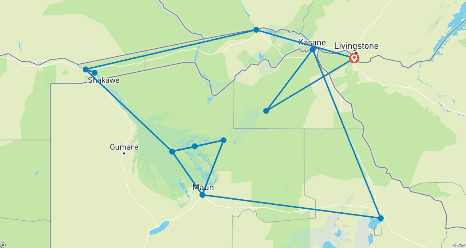 Mapa do percurso de Victoria Falls, Delta & Chobe - Comfort Small Group