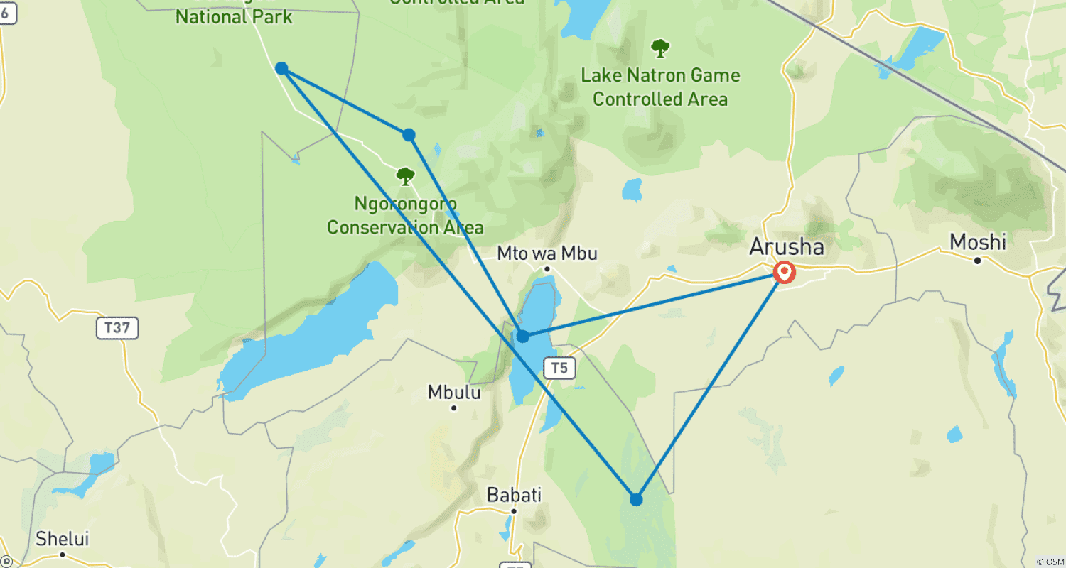 Mapa do percurso de Expedição de Safari em Lodge em Grupo na Tanzânia de 6 Dias – Os Cinco Grandes e Maravilhas da Natureza Selvagem