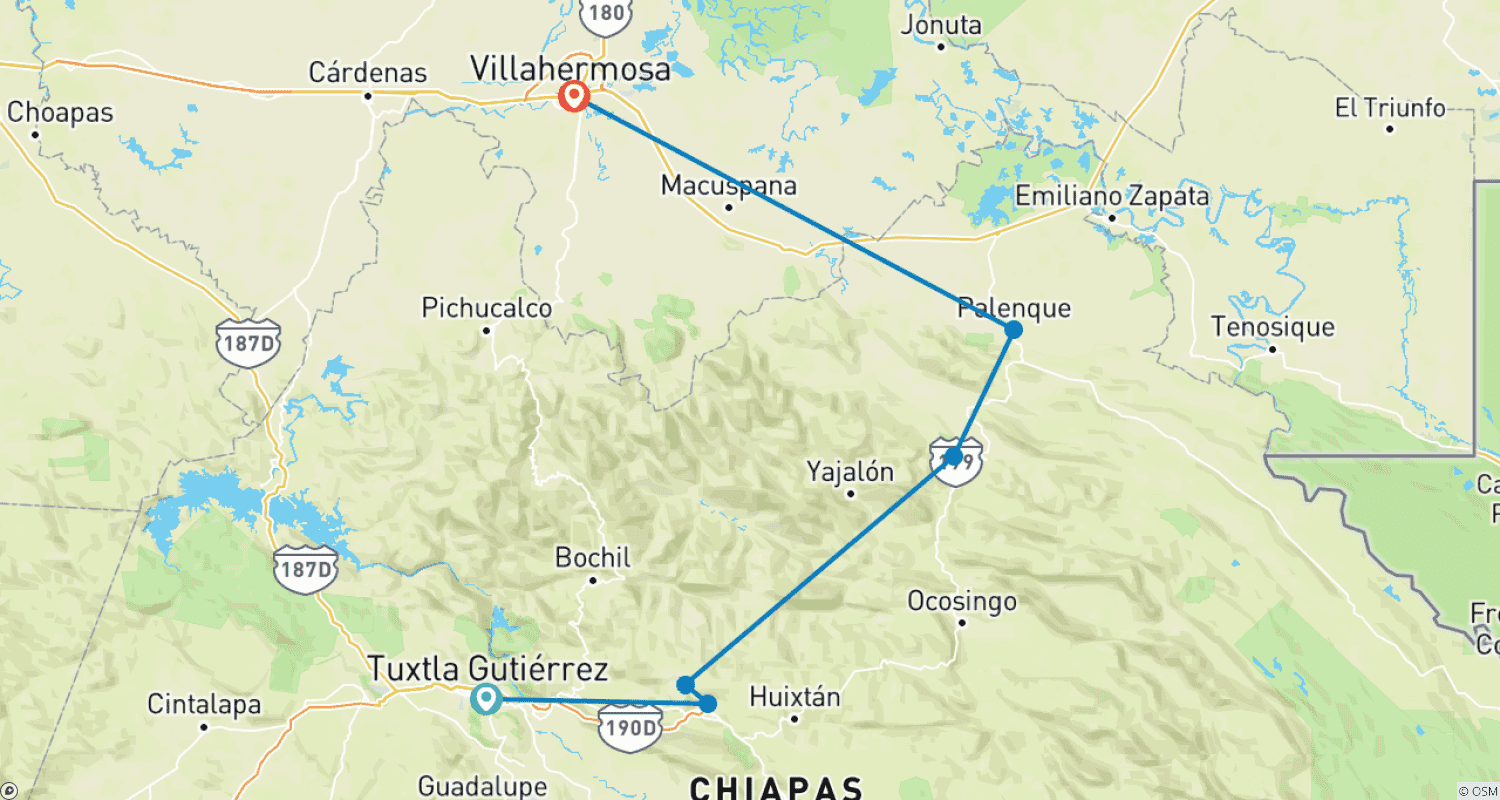 Mapa do percurso de Descoberta de Chiapas - 4 Dias
