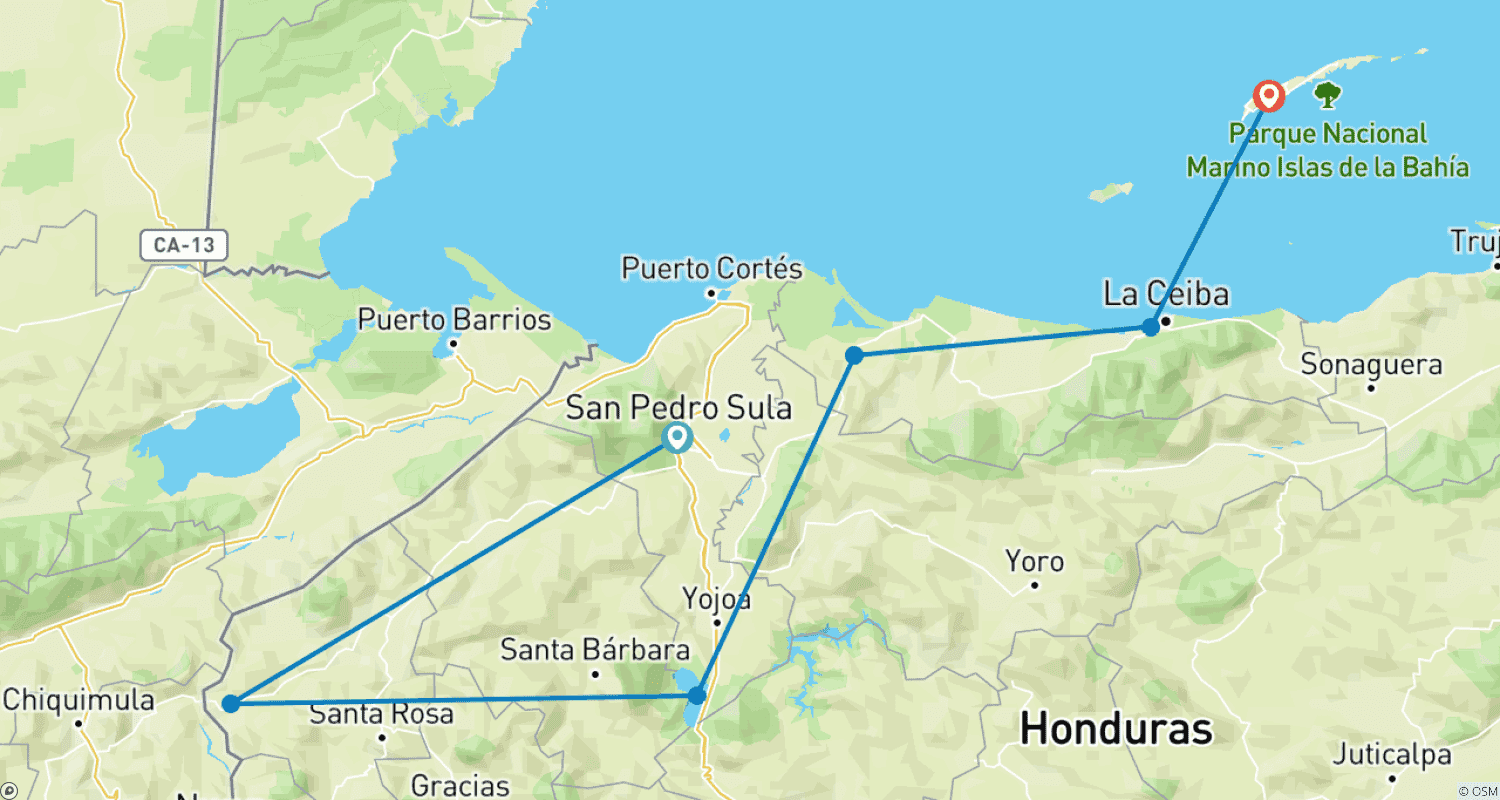 ホンジュラス:San Pedro Sula、Copán、Yogoa湖、Tela、ロアタン - 11日間のルートマップ