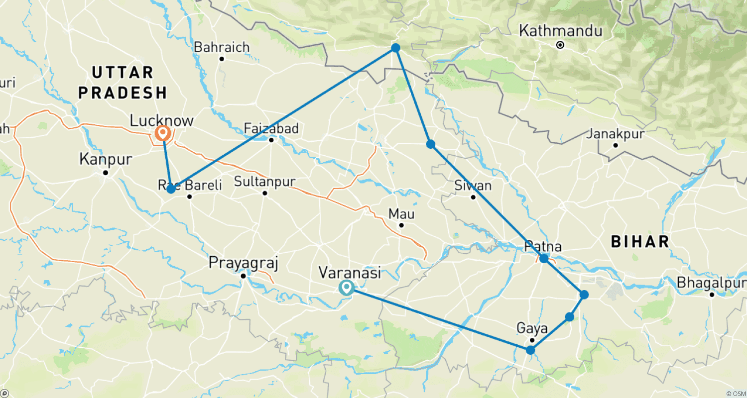 Mapa trasy: From Varanasi: 7 Days Private Buddhist Tour