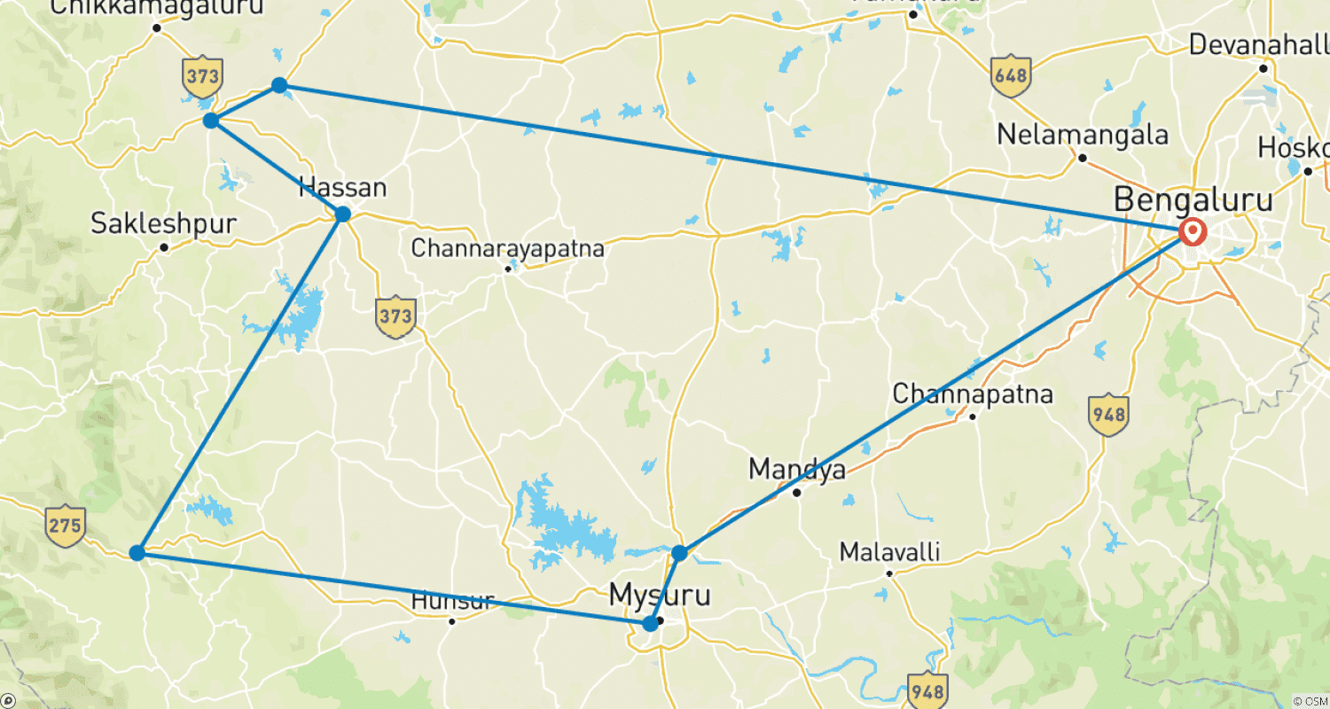 Private 7 Days Coorg & Hassan Luxury Heritage Tour from Bangalore: Coorg Coffee Plantations, Mysore Palace & Hoysala Templesのルートマップ