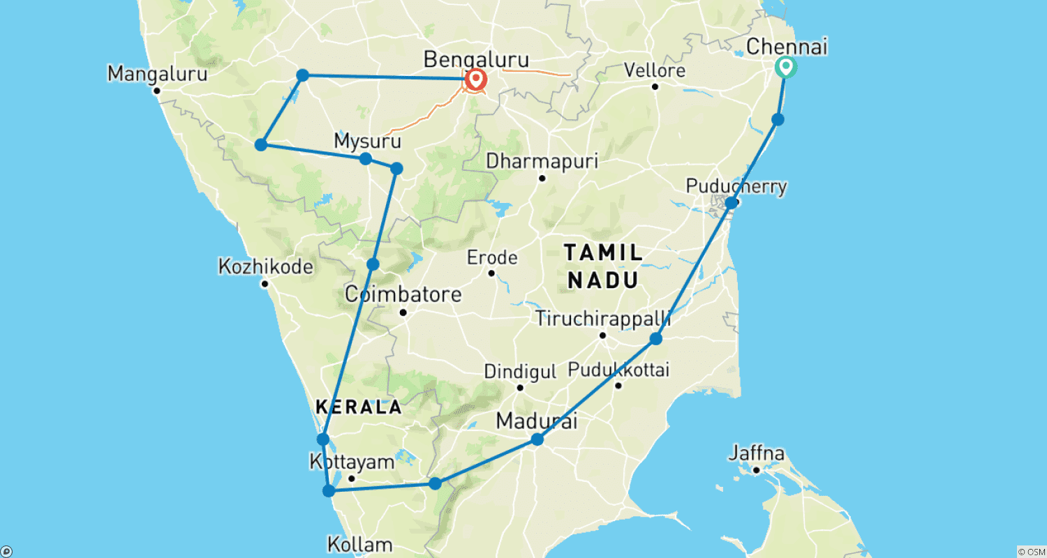South India – Kerala Backwaters – Toy Train & Wildlife Tour – 15 Daysのルートマップ