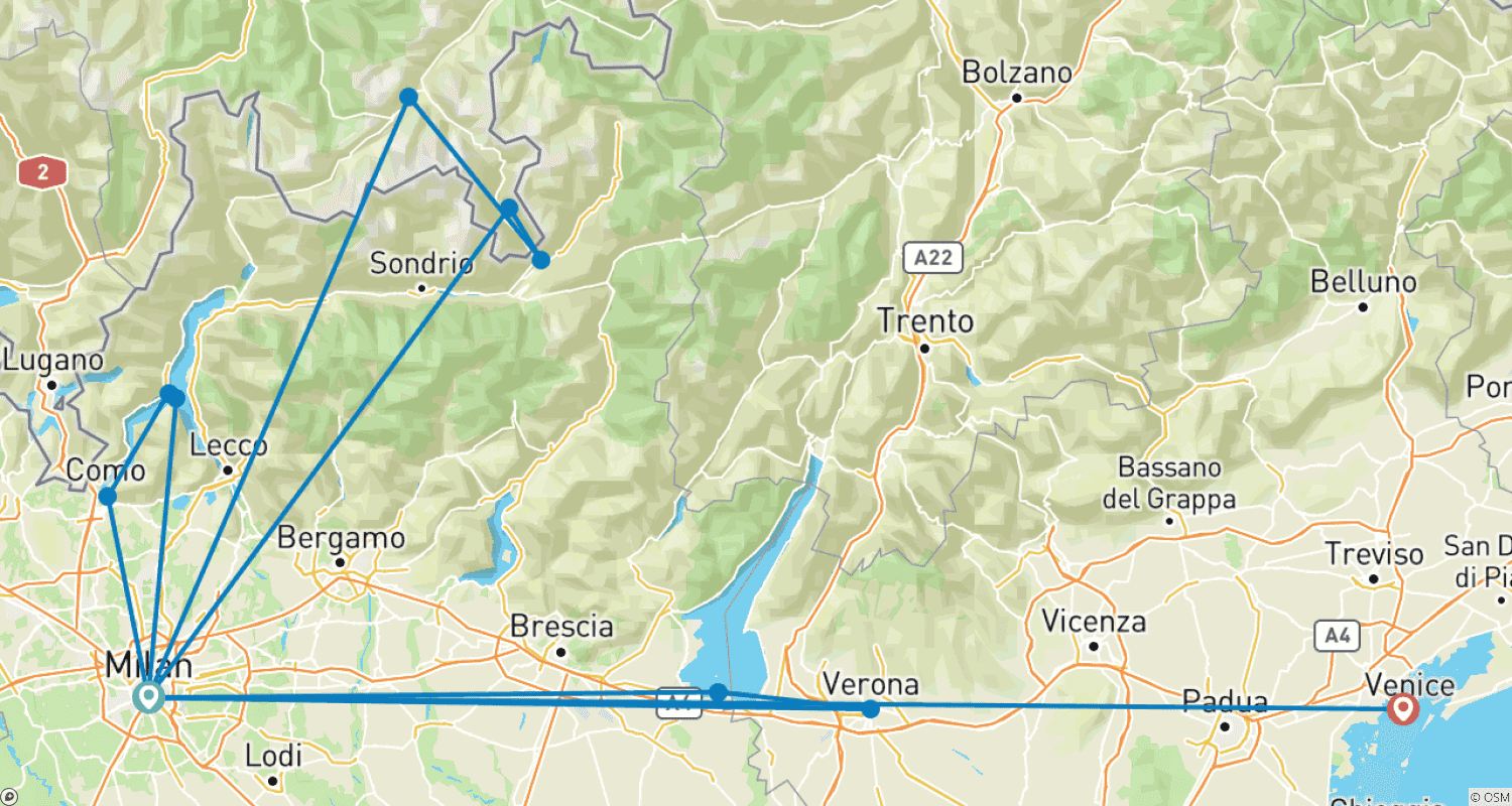 Mapa trasy: Swiss Alps by Bernina Train, St. Moritz, Verona, Northern Lakes & Venice – 6 Days