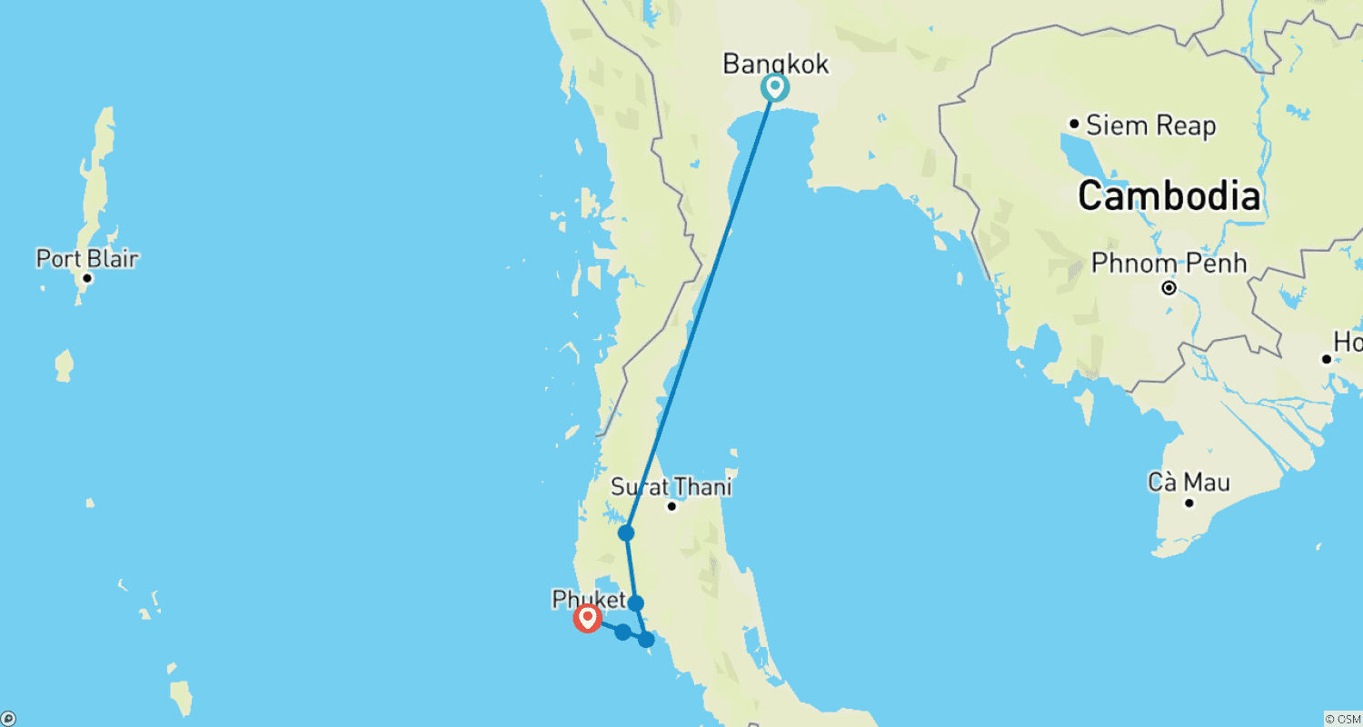 Mapa do percurso de Banguecoque - Bungalow Flutuante em Khao Sok e Praia de Andamão
