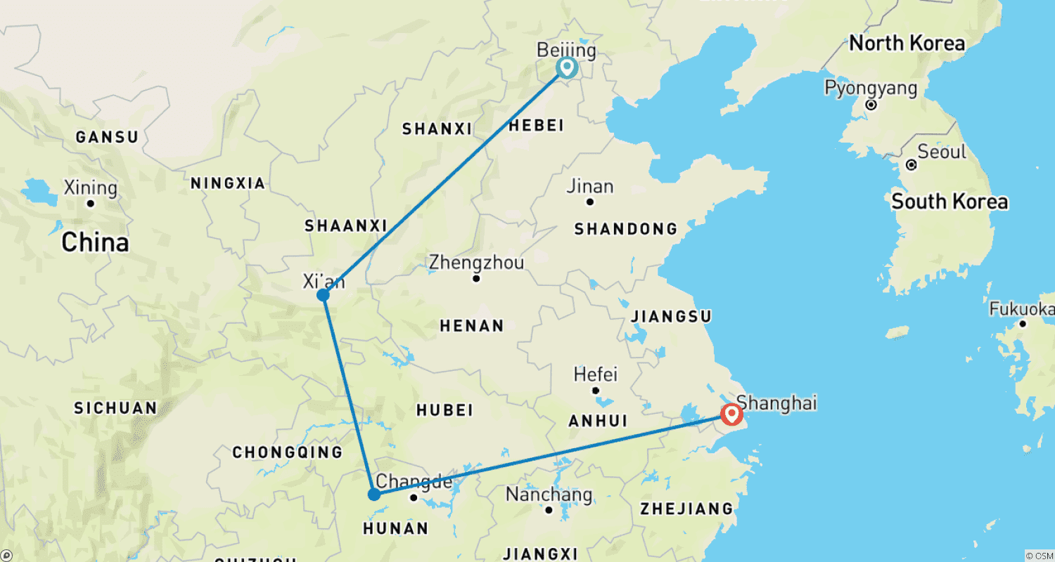 Mapa trasy: 10-Day China Epic Adventure: Beijing, Xi'an, Zhangjiajie & Shanghai Tour