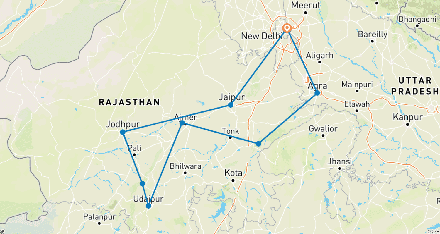 12 Days Adventurous Rajasthan Tour With Wildlife - Taj Mahal Sunset/Sunriseのルートマップ