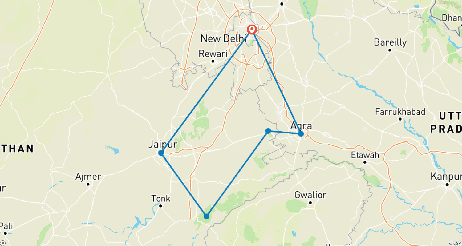 Mapa trasy: 9 dni Prywatna Luksusowa Wycieczka Złotego Trójkąta z Safari Tygrysów i Lampartów oraz Parkiem Narodowym Rezerwatem Ptaków Keoladeo