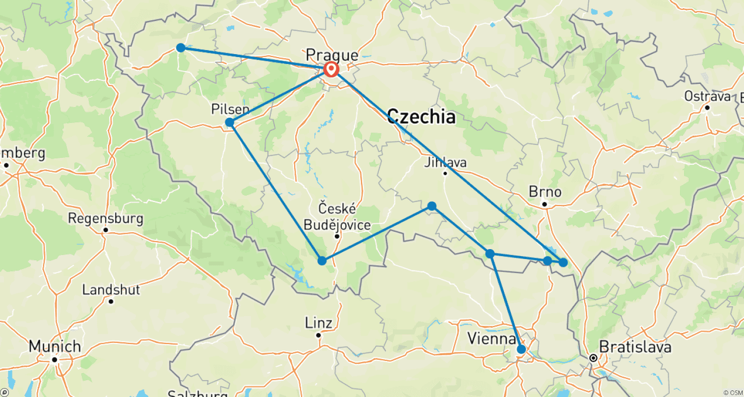 Prague & Czechia UNESCO Tour – 10 Days with Viennaのルートマップ