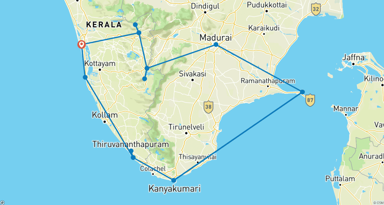 Mapa do percurso de Circuito de Templos de 12 Dias no Sul da Índia com Destaques de Kerala