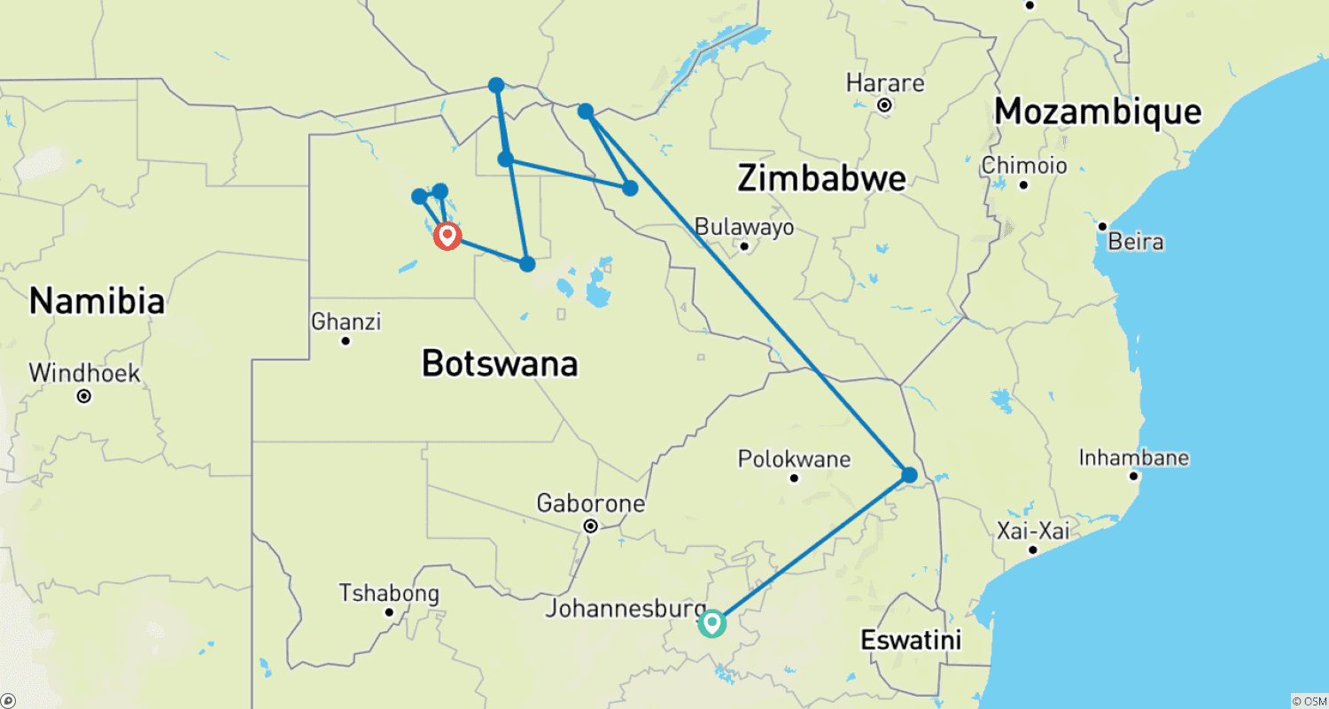 Mapa trasy: Premiumowa Afryka Południowa w Głębi (w tym Park Narodowy Hwange)