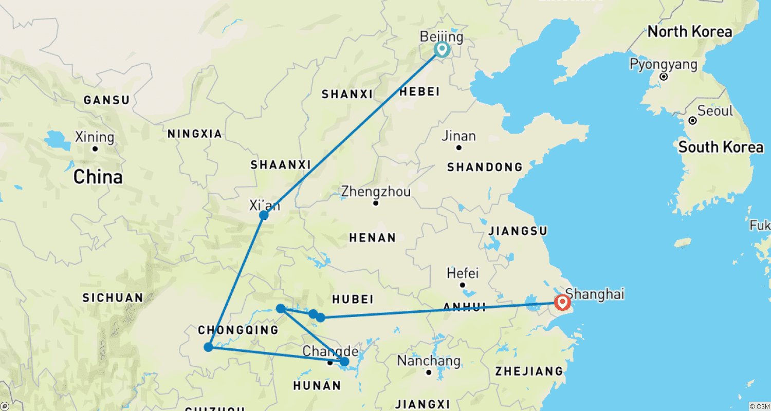 Mapa do percurso de Excursão de 11 Dias aos Destaques da China com Cruzeiro no Yangtze: Pequim, Xi'an, Xangai