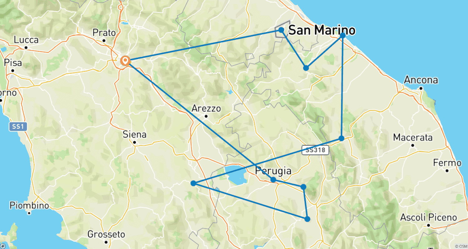 Mapa trasy: Umbria and Marche Tour: Authentic Italy Experience