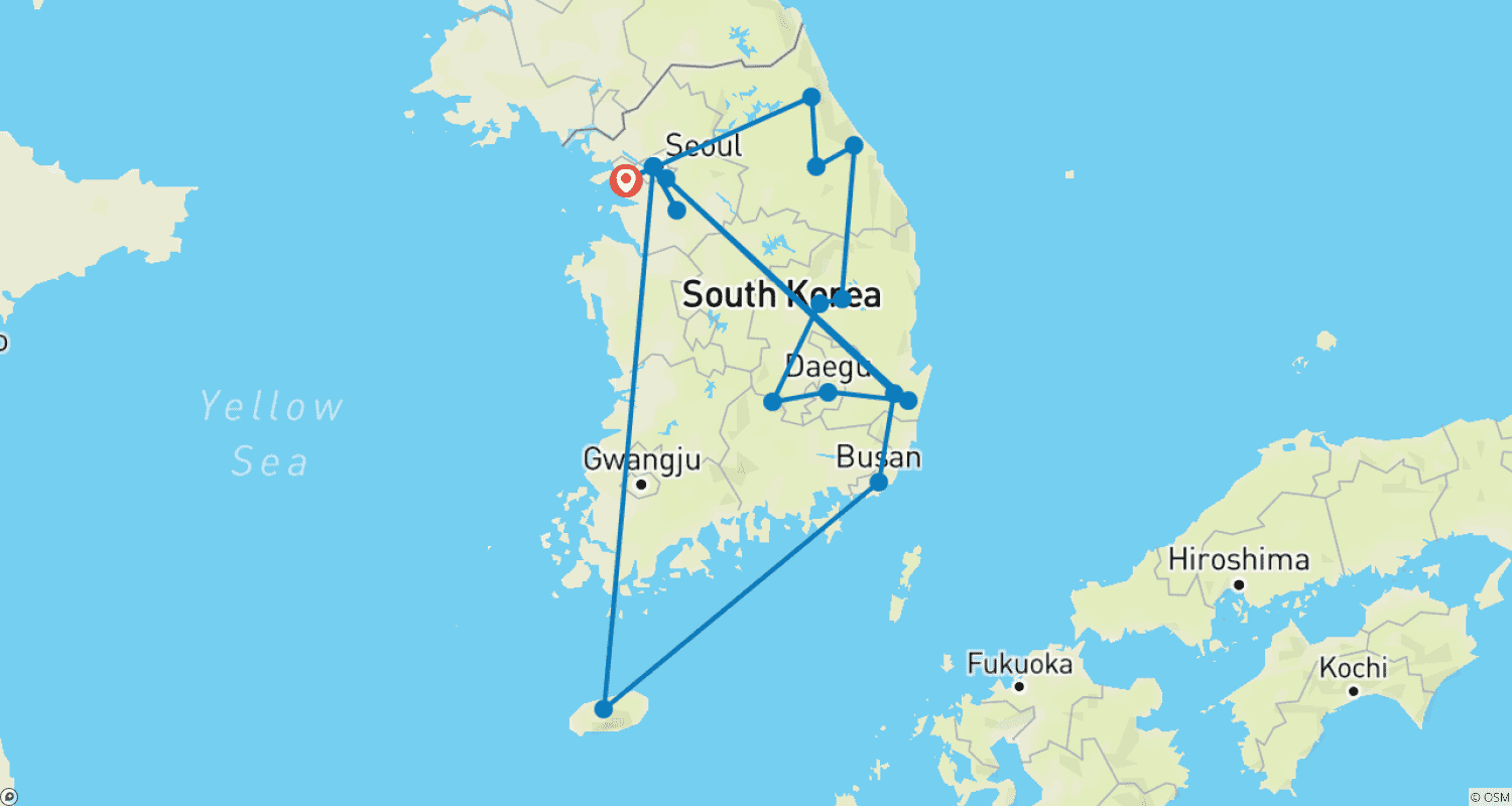 Mapa do percurso de South Korea: Seoul, Jeju island, Yongin, Busan, Gyeongju, Daegu, Andong, Pyeongchang, Mont Seorak, DMZ - 11 days