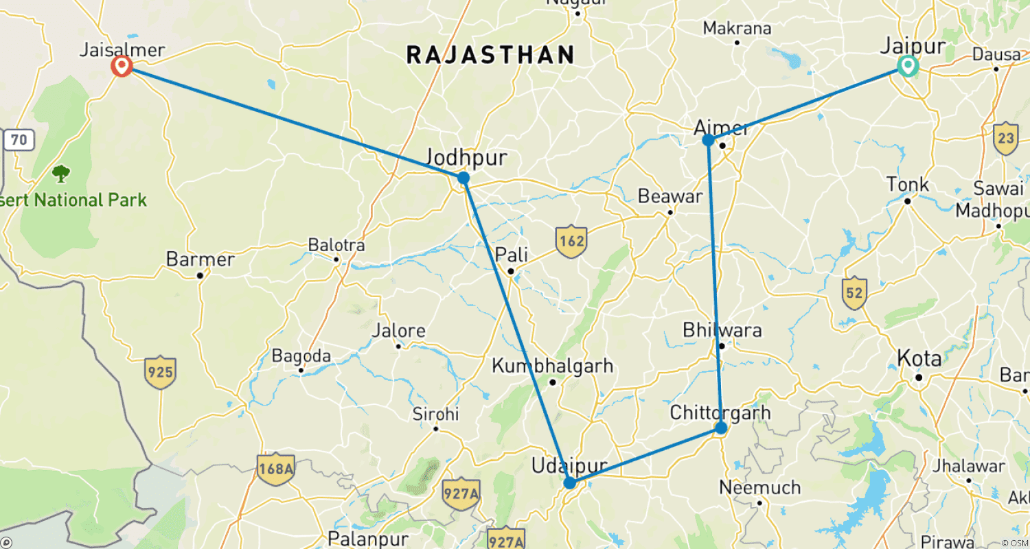 Mapa trasy: 7 nocy, 8 dni: Wycieczka Jaipur - Pushkar - Chittorgarh - Udaipur - Jodhpur - Jaisalmer