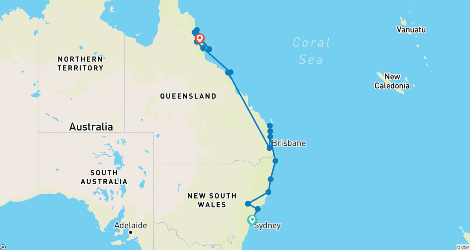 Mapa trasy: Sydney do Daintree — najlepsze atrakcje wschodniego wybrzeża Australii | 16-dniowa wycieczka komfortowa