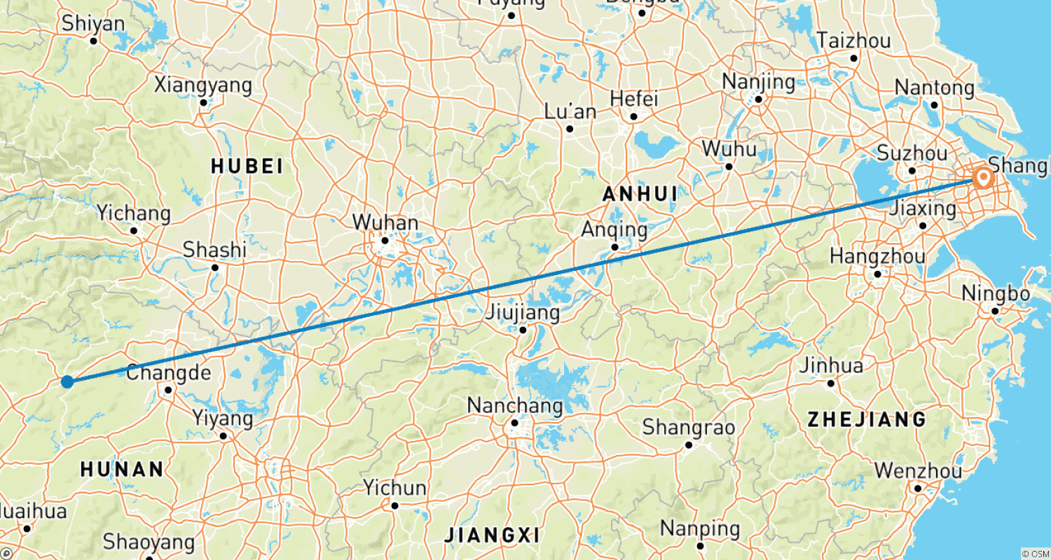 Mapa do percurso de Aventura Avatar Privada de 3 Dias em Zhangjiajie saindo de Xangai