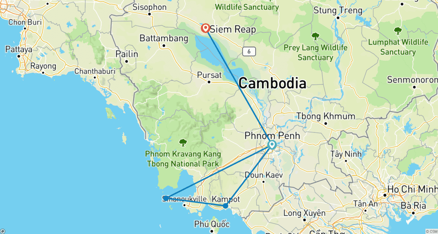 Mapa trasy: 9-Day Cambodia Core Adventure
