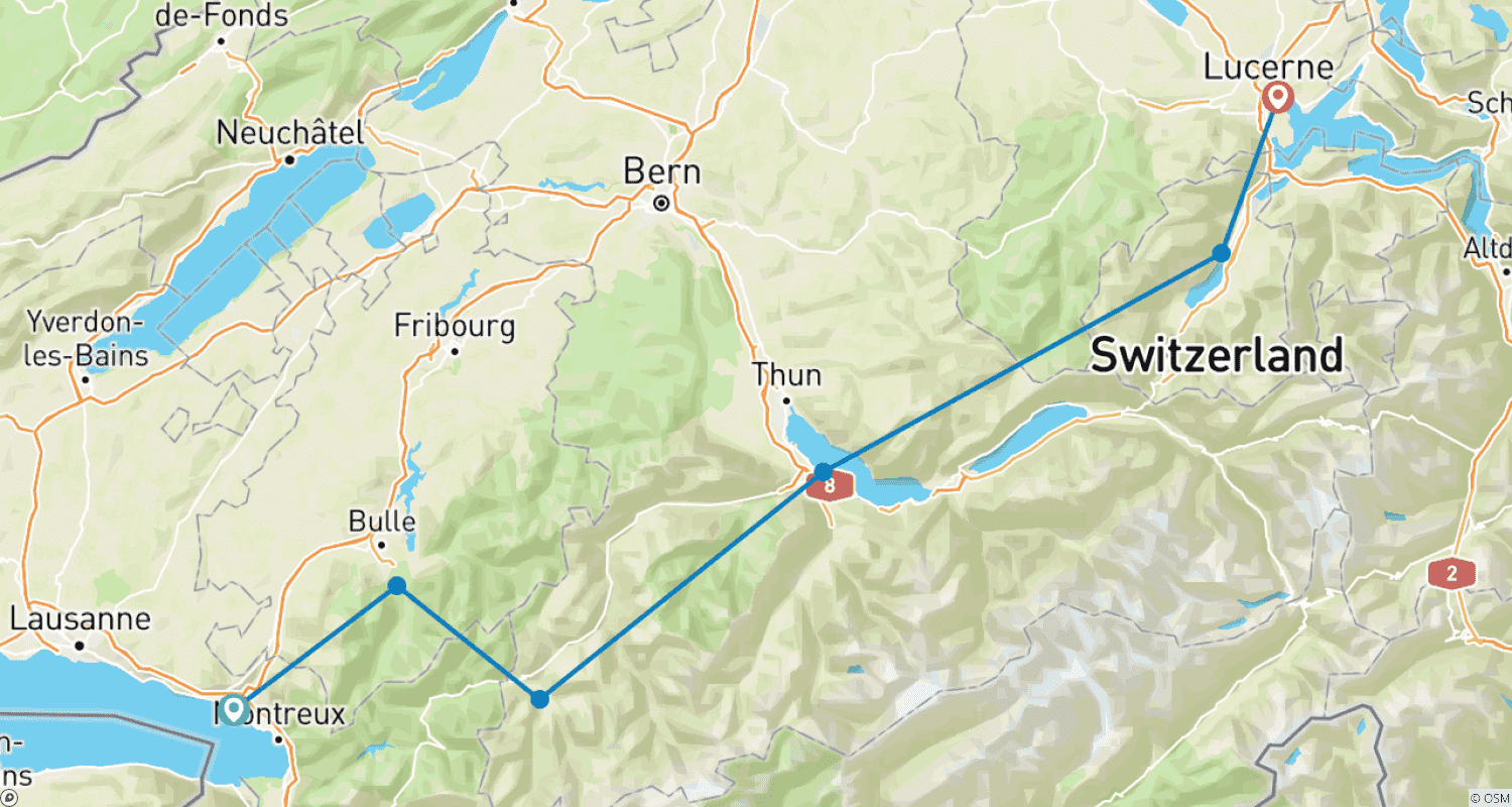 Cycling holidays Lakes Route Vevey - Lucerneのルートマップ
