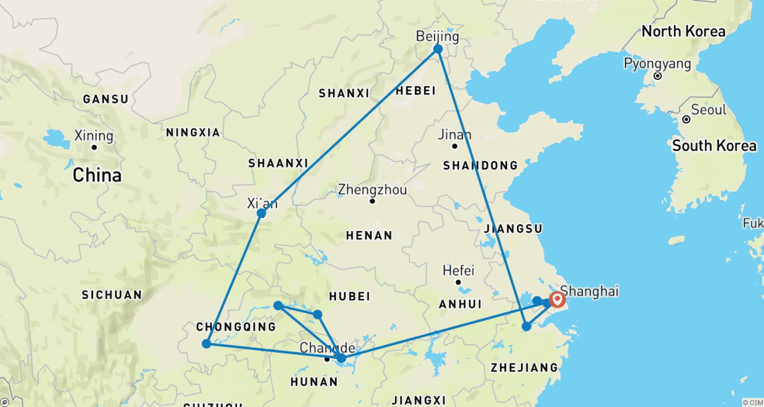 プライベートツアー:15日間 中国ハイライト - 上海、北京、西安、長江クルーズのルートマップ